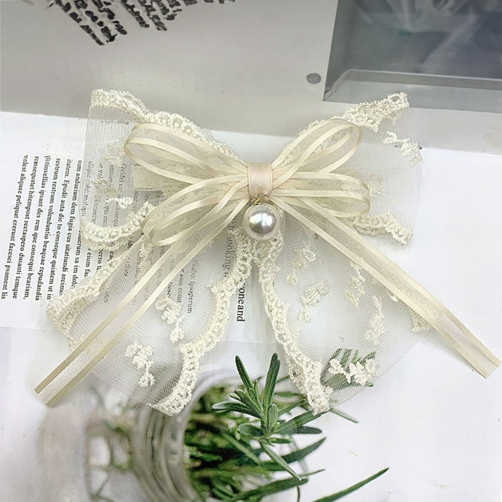 Ivory Elegant Embroidered Pearl Lace Ribbon Hair Bow Clip Barrette